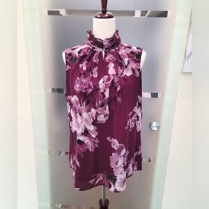 WHBM Wine Floral Ruffle Front Vneck/Keyhole Sleeveless Blouse Size 14